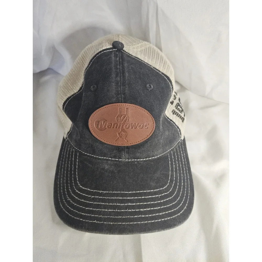 Manitowoc Cranes‎ Trucker Hat Faded Black Denim Mesh Snapback Leather Patch 1902